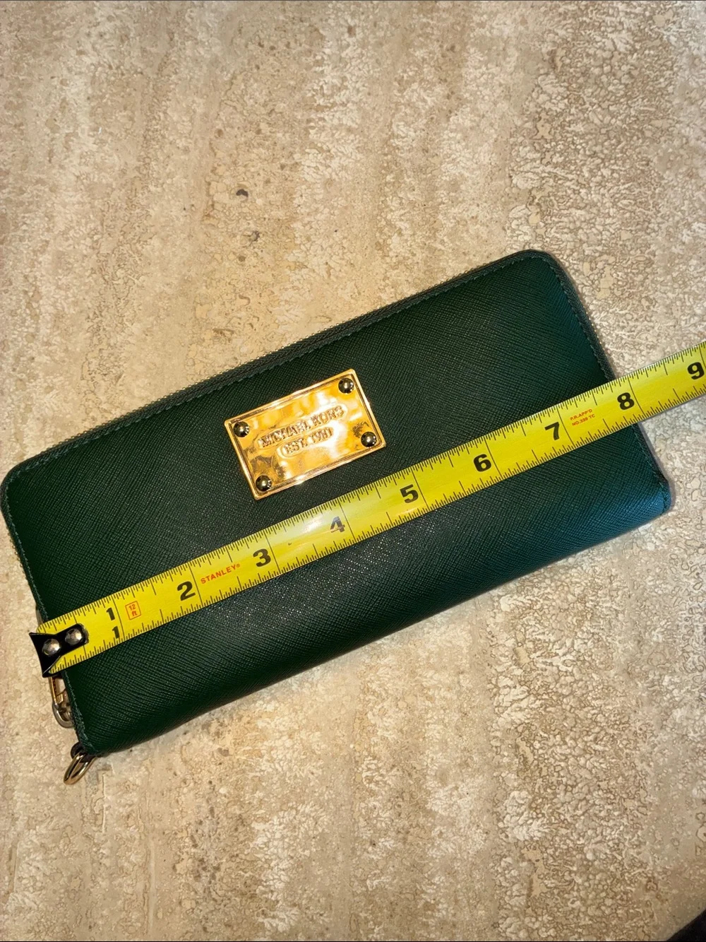 Michael Kors Forest Green Saffiano Zip-Around Wallet with Gold Plate